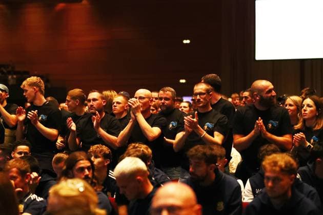 11.10.2025, xmohx, Fussball 3.Liga, 1.FC Saarbruecken - Mitgliederversammlung 2025 v.l. Virage Est (Fanszene) Initiative Zukunft Blau Schwarz im Zuschauerbereich (DFL DFB REGULATIONS PROHIBIT ANY USE OF PHOTOGRAPHS as IMAGE SEQUENCES and or QUASI-VIDEO) Saarbruecken