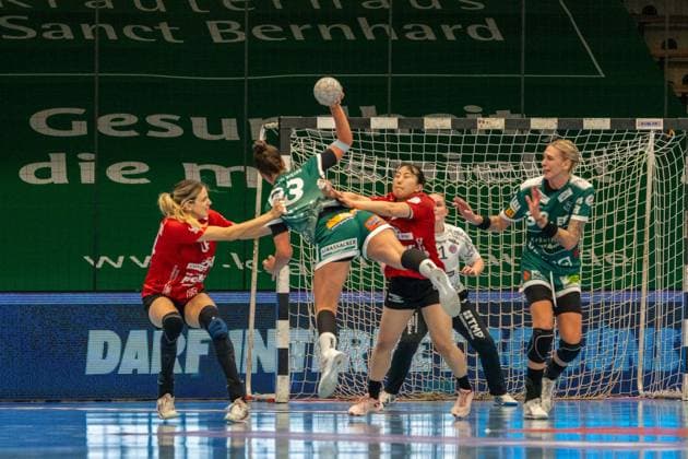 Stephanie Elies (Frisch Auf Goeppingen, 63), Frisch Auf Goeppingen Frauen vs. Thueringer HC, Handball, Bundesliga, 05. Spieltag, Saison 2025 2026, 11.10.2025, Frisch Auf Goeppingen Frauen vs. Thueringer HC, Handball, Bundesliga, 05. Spieltag, Saison 2025 2026, 11.10.2025 Goeppingen Copyright: xEibner-Pressefoto MaxxVogelx EP_MVL