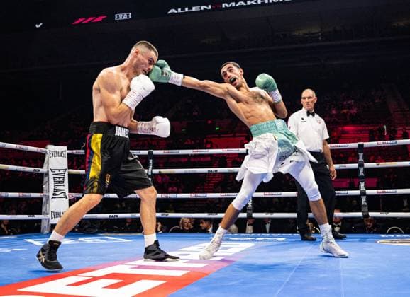 11th October 2025; Utilita Arena, Sheffield, England; Matchroom Boxing, Dave Allen versus Arslanbek Makhmudov undercard; Ibraheem Sulaimaan lands a punch in Super Featherweight Contest bout against James Chereji  GodfreyxPitt