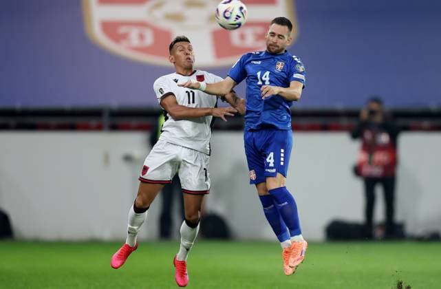 Serbia vs Albania, Group K World Cup 2026 European Qualifiers Leskovac, Serbia. 11th Oct, 2025. Serbia s Andrija Zivkovic (R) vies with Albania s Myrto Uzuni (L) during the Group K World Cup 2026 European Qualifiers football match between Serbia and Albania on October 11. 2025. in Leskovac, Serbia. Leskovac Serbia Copyright: xPedjaxMilosavljevic STARSPORTx
