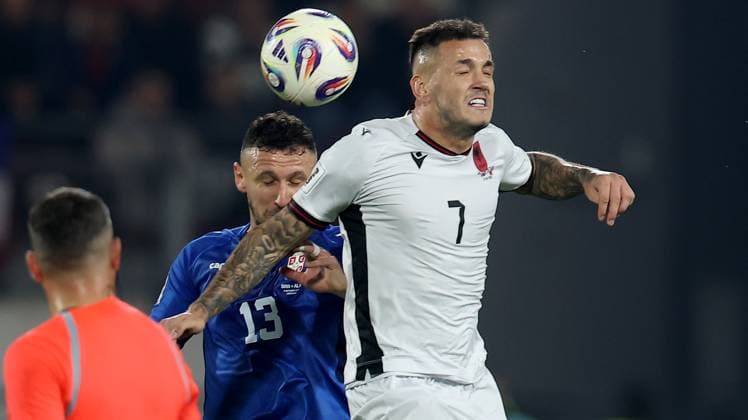 Serbia vs Albania, Group K World Cup 2026 European Qualifiers Leskovac, Serbia. 11th Oct, 2025. Serbia s Milos Veljkovic (L) vies with Albania s Rey Manaj (R) during the Group K World Cup 2026 European Qualifiers football match between Serbia and Albania on October 11. 2025. in Leskovac, Serbia. Leskovac Serbia Copyright: xPedjaxMilosavljevic STARSPORTx