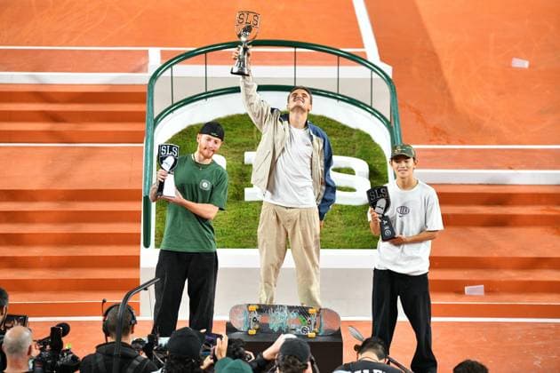 Sports : SLS Paris, France on October 11, 2025 at the legendary Stade Roland-Garros Male podium : Vincent Milou (1st), Giovanni Vianna (2nd), and Sora Shirai (3rd) during SLS Paris, France on October 11, 2025 at the legendary Stade Roland-Garros parisFrance  Copyright: xCYRILxALISTERxLESTAGEx