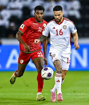 UNITED ARAB EMIRATES v OMAN-2026 FIFA World Cup, WM, Weltmeisterschaft, Fussball ASIAN QUALIFIER PLAYOFFS Marcus Vinicius of United Arab Emirates and Abdul Rahman Al Mushaifri of Oman in action during the FIFA World Cup 2026 AFC Asian qualifiers playoffs group A match between United Arab Emirates and Oman at Jassim Bin Hamad Stadium in Doha, Qatar, on October 11, 2025. DOHA Qatar Copyright: xNOUSHADx