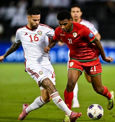 UNITED ARAB EMIRATES v OMAN-2026 FIFA World Cup, WM, Weltmeisterschaft, Fussball ASIAN QUALIFIER PLAYOFFS Marcus Vinicius (L) of United Arab Emirates and Abdul Rahman Al Mushaifri of Oman in action during the FIFA World Cup 2026 AFC Asian qualifiers playoffs group A match between United Arab Emirates and Oman at Jassim Bin Hamad Stadium in Doha, Qatar, on October 11, 2025. DOHA Qatar Copyright: xNOUSHADx