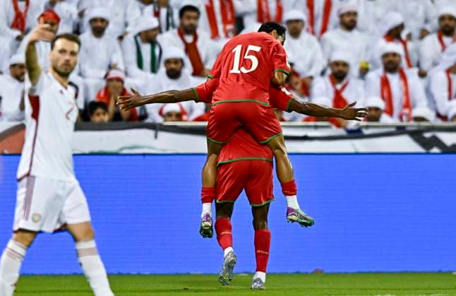 UNITED ARAB EMIRATES v OMAN-2026 FIFA World Cup, WM, Weltmeisterschaft, Fussball ASIAN QUALIFIER PLAYOFFS Players of Oman celebrate after scoring a goal during the FIFA World Cup 2026 AFC Asian qualifiers playoffs group A match between United Arab Emirates and Oman at Jassim Bin Hamad Stadium in Doha, Qatar, on October 11, 2025. DOHA Qatar Copyright: xNOUSHADx
