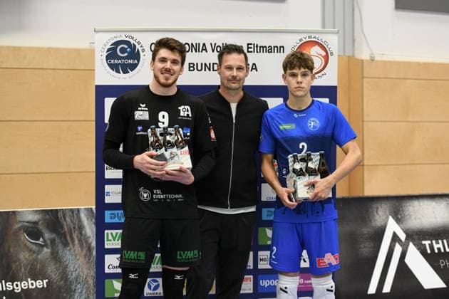 Georg Schäfer Halle, CERATONIA Volleys Eltmann vs. L.E. Volleys Germany ,Eltmann, Georg Schäfer Halle - 11 Oct 2025 - 2.Bundesliga, Volleyball - CERATONIA Volleys Eltmann vs. L.E. Volleys Image: (fLTR) MVPs, Alexander Duncan-Thibault (VC Eltmann, 9) and Julius Roscher (Leipzig, 2). Eltmann Georg Schäfer Halle Bayern Germany Copyright: xPresseFotoxEvans xRyanxEvansx