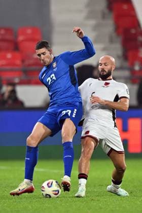 SERBIA vs ALBANIA DUSAN VLAHOVIC, football player of Serbia, during the FIFA World Cup, WM, Weltmeisterschaft, Fussball qualification match against Albania, and ARLIND AJETI, at Dubocica stadium. Leskovac, 11.10.2025. photo: Mladjan Ivanovic FOOTBALL, SERBIA, ALBANIA, FIFA WORLD CUP QUALIFICATIONS MATCH Leskovac Dubocica stadium Serbia Copyright: xMarkoxMetlas xMNxPressx
