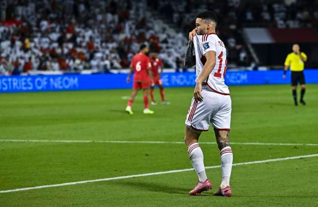 UNITED ARAB EMIRATES v OMAN-2026 FIFA World Cup, WM, Weltmeisterschaft, Fussball ASIAN QUALIFIER PLAYOFFS Marcus Vinicius of United Arab Emirates celebrates after scoring a goal during the FIFA World Cup 2026 AFC Asian qualifiers playoffs group A match between United Arab Emirates and Oman at Jassim Bin Hamad Stadium in Doha, Qatar, on October 11, 2025. DOHA Qatar Copyright: xNOUSHADx
