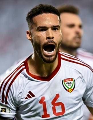 UNITED ARAB EMIRATES v OMAN-2026 FIFA World Cup, WM, Weltmeisterschaft, Fussball ASIAN QUALIFIER PLAYOFFS Marcus Vinicius of United Arab Emirates celebrates after scoring a goal during the FIFA World Cup 2026 AFC Asian qualifiers playoffs group A match between United Arab Emirates and Oman at Jassim Bin Hamad Stadium in Doha, Qatar, on October 11, 2025. DOHA Qatar Copyright: xNOUSHADx