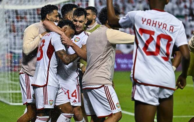 UNITED ARAB EMIRATES v OMAN-2026 FIFA World Cup, WM, Weltmeisterschaft, Fussball ASIAN QUALIFIER PLAYOFFS Caio Fernandes (L) of United Arab Emirates celebrates after scoring a goal during the FIFA World Cup 2026 AFC Asian qualifiers playoffs group A match between United Arab Emirates and Oman at Jassim Bin Hamad Stadium in Doha, Qatar, on October 11, 2025. DOHA Qatar Copyright: xNOUSHADx