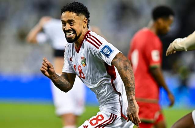 UNITED ARAB EMIRATES v OMAN-2026 FIFA World Cup, WM, Weltmeisterschaft, Fussball ASIAN QUALIFIER PLAYOFFS Caio Fernandes of United Arab Emirates celebrates after scoring a goal during the FIFA World Cup 2026 AFC Asian qualifiers playoffs group A match between United Arab Emirates and Oman at Jassim Bin Hamad Stadium in Doha, Qatar, on October 11, 2025. DOHA Qatar Copyright: xNOUSHADx