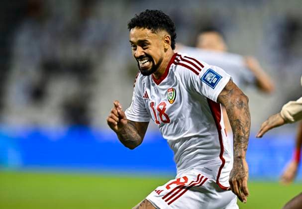 UNITED ARAB EMIRATES v OMAN-2026 FIFA World Cup, WM, Weltmeisterschaft, Fussball ASIAN QUALIFIER PLAYOFFS Caio Fernandes of United Arab Emirates celebrates after scoring a goal during the FIFA World Cup 2026 AFC Asian qualifiers playoffs group A match between United Arab Emirates and Oman at Jassim Bin Hamad Stadium in Doha, Qatar, on October 11, 2025. DOHA Qatar Copyright: xNOUSHADx