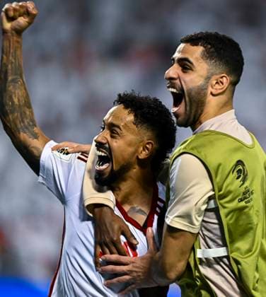 UNITED ARAB EMIRATES v OMAN-2026 FIFA World Cup, WM, Weltmeisterschaft, Fussball ASIAN QUALIFIER PLAYOFFS Caio Fernandes (L) of United Arab Emirates celebrates after scoring a goal during the FIFA World Cup 2026 AFC Asian qualifiers playoffs group A match between United Arab Emirates and Oman at Jassim Bin Hamad Stadium in Doha, Qatar, on October 11, 2025. DOHA Qatar Copyright: xNOUSHADx