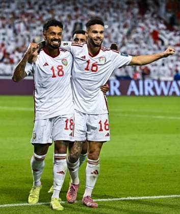 UNITED ARAB EMIRATES v OMAN-2026 FIFA World Cup, WM, Weltmeisterschaft, Fussball ASIAN QUALIFIER PLAYOFFS Caio Fernandes (L) of United Arab Emirates celebrating with teammate after scoring the goal during the FIFA World Cup 2026 AFC Asian qualifiers playoffs group A match between United Arab Emirates and Oman at Jassim Bin Hamad Stadium in Doha, Qatar, on October 11, 2025. DOHA Qatar Copyright: xNOUSHADx