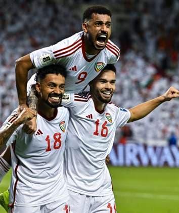 UNITED ARAB EMIRATES v OMAN-2026 FIFA World Cup, WM, Weltmeisterschaft, Fussball ASIAN QUALIFIER PLAYOFFS Caio Fernandes (L) of United Arab Emirates celebrating with teammate after scoring the goal during the FIFA World Cup 2026 AFC Asian qualifiers playoffs group A match between United Arab Emirates and Oman at Jassim Bin Hamad Stadium in Doha, Qatar, on October 11, 2025. DOHA Qatar Copyright: xNOUSHADx