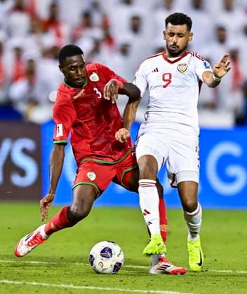 UNITED ARAB EMIRATES v OMAN-2026 FIFA World Cup, WM, Weltmeisterschaft, Fussball ASIAN QUALIFIER PLAYOFFS Harib Abdalla Almusharrkh of United Arab Emirates and Thani Gharib Al Rushaidi of Oman in action during the FIFA World Cup 2026 AFC Asian qualifiers playoffs group A match between United Arab Emirates and Oman at Jassim Bin Hamad Stadium in Doha, Qatar, on October 11, 2025. DOHA Qatar Copyright: xNOUSHADx