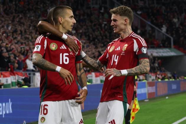 (251012) -- BUDAPEST, Oct. 12, 2025 -- Daniel Lukacs (L) and Bendeguz Bolla of Hungary react to scoring during the 2026 FIFA World Cup, WM, Weltmeisterschaft, Fussball European Qualifiers football match between Hungary and Armenia in Budapest, Hungary, on Oct. 11, 2025. (Photo by Xinhua) (SP)HUNGARY-BUDAPEST-FOOTBALL-FIFA WORLD CUP QUALIFIERS-HUNGARY VS ARMENIA AttilaxVolgyi 