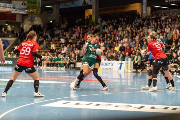 Stephanie Elies (Frisch Auf Goeppingen, 63), Frisch Auf Goeppingen Frauen vs. Thueringer HC, Handball, Bundesliga, 05. Spieltag, Saison 2025 2026, 11.10.2025, Frisch Auf Goeppingen Frauen vs. Thueringer HC, Handball, Bundesliga, 05. Spieltag, Saison 2025 2026, 11.10.2025 Goeppingen Copyright: xEibner-Pressefoto MaxxVogelx EP_MVL