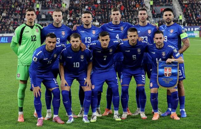 (251012) -- LESKOVAC, Oct. 12, 2025 -- Serbia s starting players pose for a team photo ahead of the World Cup 2026 European Qualifiers Group K football match between Serbia and Albania in Leskovac, Serbia on Oct. 11, 2025. (Photo by Xinhua) (SP)SERBIA-LESKOVAC-FOOTBALL FIFA World Cup, WM, Weltmeisterschaft, Fussball EUROPEAN QUALIFIERS-SERBIA VS ALBANIA PredragxMilosavljevic 
