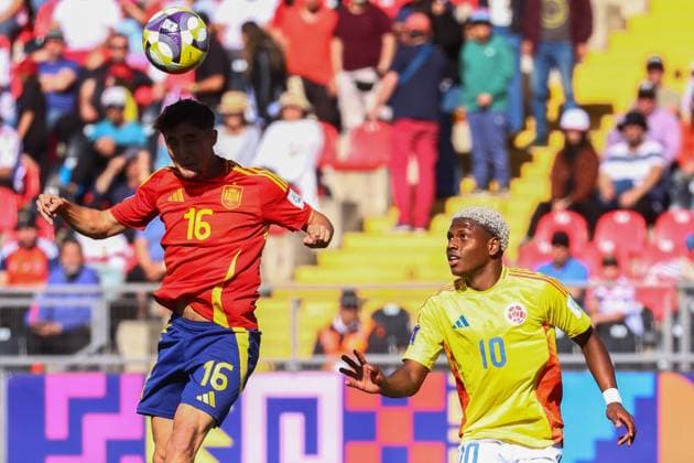 Futbol, Espana vs Colombia. Mundial sub 20, Chile 2025. El jugador de Espana Jesus Fortea es fotografiado durante un partido de cuartos de final del mundial sub 20 contra Colombia disputado en el estadio Fiscal de Talca, Chile. 11 10 2025 Eduardo Fortes Photosport Football, Spain vs Colombia. U-20 World Cup Championship. Spain™s player Jesus Fortea is pictured during a round of 8 match of the U-20 World Cup against Colombia at the Fiscal stadium in Talca, Chile. 11 10 2025 Eduardo Fortes Photosport Espana vs Colombia, mundial sub 20 Chile 2025 