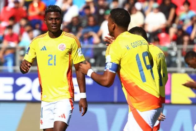 Futbol, Espana vs Colombia. Mundial sub 20, Chile 2025. El jugador de Colombia Neyser Villarreal es fotografiado durante un partido de cuartos de final del mundial sub 20 contra Espana disputado en el estadio Fiscal de Talca, Chile. 11 10 2025 Eduardo Fortes Photosport Football, Spain vs Colombia. U-20 World Cup Championship. Colombian™s player Neyser Villarreal is pictured during a round of 8 match of the U-20 World Cup against Spain at the Fiscal stadium in Talca, Chile. 11 10 2025 Eduardo Fortes Photosport Espana vs Colombia, mundial sub 20 Chile 2025 