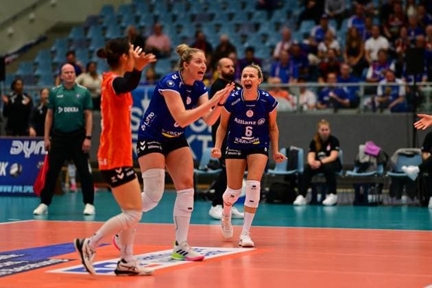 Volleyball I Frauen I Saison 2025-2026 I Bundesliga I 1. Spieltag I ETV Hamburger Volksbank Volleys - Allianz MTV Stuttgart I 11.10.2025 Jubel, Begeisterung, Enthusiasmus, Euphorie, Freude, Glücksgefühl, Heiterkeit bei: Antonia Stautz (6, Allianz MTV Stuttgart) Hamburg CU-Arena Hamburg Deutschland Copyright: xLobeca FelixxSchlikisx