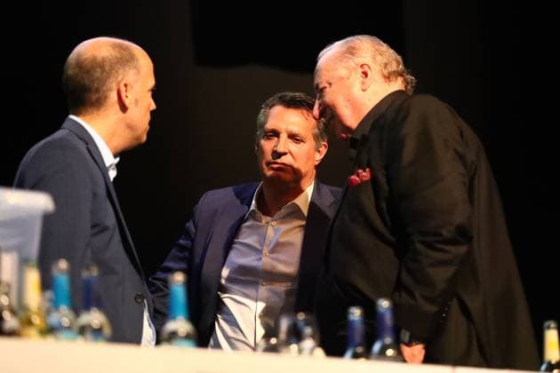 11.10.2025, xmohx, Fussball 3.Liga, 1.FC Saarbruecken - Mitgliederversammlung 2025 v.l. Frank Hälsig Trainer Alois Schwartz (1.FC Saarbruecken) Präsident Hartmut Ostermann (1.FC Saarbruecken) (DFL DFB REGULATIONS PROHIBIT ANY USE OF PHOTOGRAPHS as IMAGE SEQUENCES and or QUASI-VIDEO) Saarbruecken