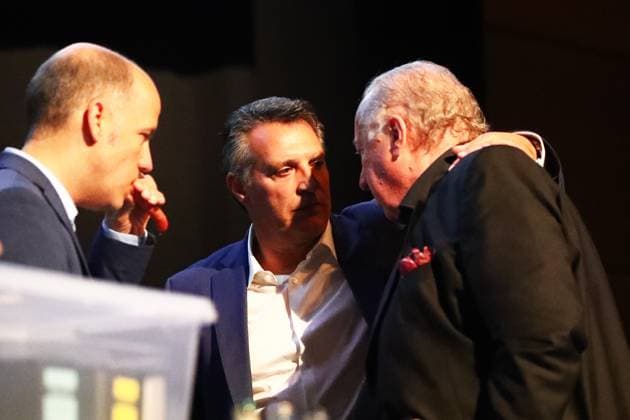 11.10.2025, xmohx, Fussball 3.Liga, 1.FC Saarbruecken - Mitgliederversammlung 2025 v.l. Frank Hälsig Trainer Alois Schwartz (1.FC Saarbruecken) Präsident Hartmut Ostermann (1.FC Saarbruecken) (DFL DFB REGULATIONS PROHIBIT ANY USE OF PHOTOGRAPHS as IMAGE SEQUENCES and or QUASI-VIDEO) Saarbruecken