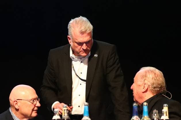 11.10.2025, xmohx, Fussball 3.Liga, 1.FC Saarbruecken - Mitgliederversammlung 2025 v.l. Horst Hinschberger Christian Seiffert Präsident Hartmut Ostermann (1.FC Saarbruecken) (DFL DFB REGULATIONS PROHIBIT ANY USE OF PHOTOGRAPHS as IMAGE SEQUENCES and or QUASI-VIDEO) Saarbruecken