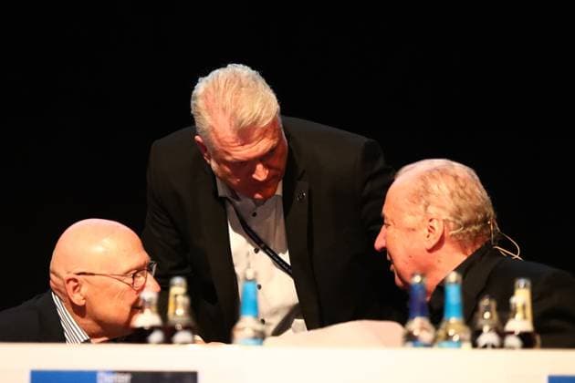 11.10.2025, xmohx, Fussball 3.Liga, 1.FC Saarbruecken - Mitgliederversammlung 2025 v.l. Horst Hinschberger Christian Seiffert Präsident Hartmut Ostermann (1.FC Saarbruecken) (DFL DFB REGULATIONS PROHIBIT ANY USE OF PHOTOGRAPHS as IMAGE SEQUENCES and or QUASI-VIDEO) Saarbruecken