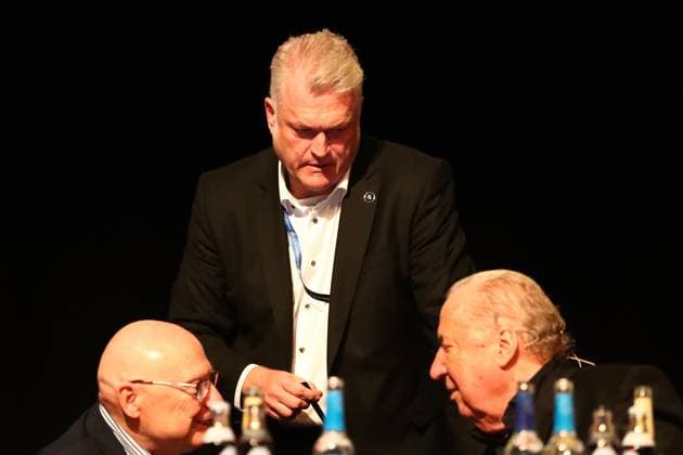 11.10.2025, xmohx, Fussball 3.Liga, 1.FC Saarbruecken - Mitgliederversammlung 2025 v.l. Horst Hinschberger Christian Seiffert Präsident Hartmut Ostermann (1.FC Saarbruecken) (DFL DFB REGULATIONS PROHIBIT ANY USE OF PHOTOGRAPHS as IMAGE SEQUENCES and or QUASI-VIDEO) Saarbruecken