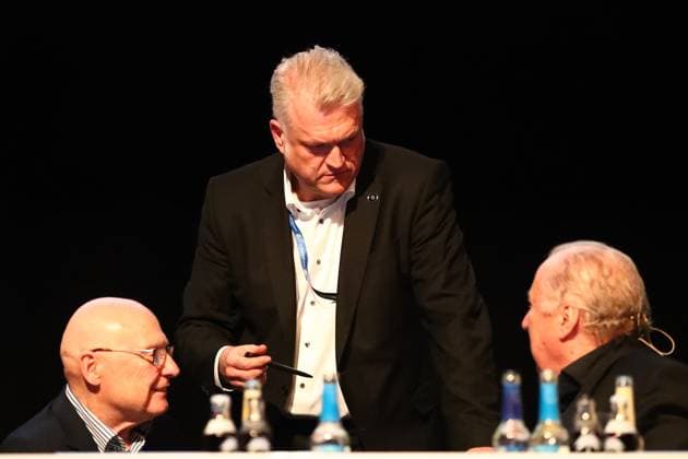 11.10.2025, xmohx, Fussball 3.Liga, 1.FC Saarbruecken - Mitgliederversammlung 2025 v.l. Horst Hinschberger Christian Seiffert Präsident Hartmut Ostermann (1.FC Saarbruecken) (DFL DFB REGULATIONS PROHIBIT ANY USE OF PHOTOGRAPHS as IMAGE SEQUENCES and or QUASI-VIDEO) Saarbruecken