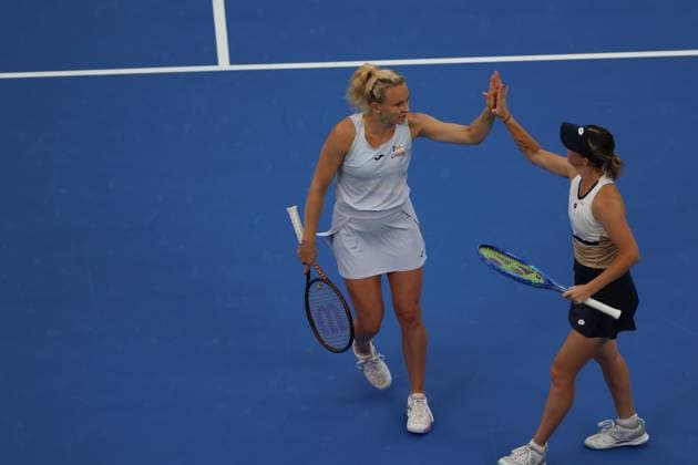 WUHAN, CHINA - OCTOBER 12: Storm Hunter of Australia and Katerina Siniakova of the Czech Republic react in the Women s Doubles Final match against Anna Danilina of Kazakhstan and Aleksandra Krunic of Serbia on day 9 of 2025 Wuhan Open at Optics Valley International Tennis Center on October 12, 2025 in Wuhan, Hubei Province of China.  Copyright: xVCGx 111596715221
