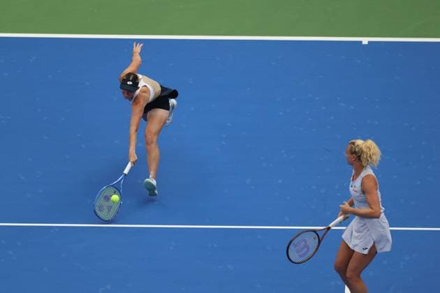 WUHAN, CHINA - OCTOBER 12: Storm Hunter of Australia and Katerina Siniakova of the Czech Republic compete in the Women s Doubles Final match against Anna Danilina of Kazakhstan and Aleksandra Krunic of Serbia on day 9 of 2025 Wuhan Open at Optics Valley International Tennis Center on October 12, 2025 in Wuhan, Hubei Province of China.  Copyright: xVCGx 111596715216