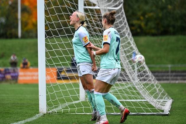 12.10.2025, Fußball, 2. Frauen-Bundesliga, 2025 2026, 7. Spieltag, SG 99 Andernach - FC Bayern München II Isabel Pfeiffer (21 SG 99 Andernach) bejubelt ihr Tor zum 3:0.