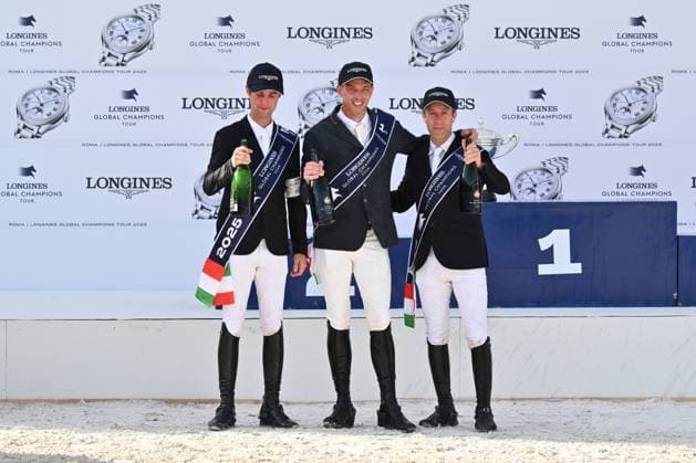 Gilles Thomas (BEL), Harrie Smolders (NED) and Maikel van der Vleuten (NED) wins the Longines Global Champions Tour Grand Prix of Rome - Against the Clock with Jump-Off at Circo Massimo on October 12 2025, Rome Italy  Copyright: xDomenicoxCippitelli IPAxSportx xipa-agency.netx xx IPA_66465754 IPA_Agency_IPA66465754