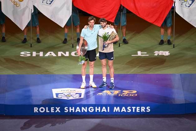 (251012) -- SHANGHAI, Oct. 12, 2025 -- Arthur Rinderknech (L) of France and Valentin Vacherot of Monaco pose during the awarding ceremony after the men s singles final between Arthur Rinderknech of France and Valentin Vacherot of Monaco at the ATP, Tennis Herren World Tour Shanghai Masters tennis tournament in Shanghai, east China, Oct. 12, 2025. ) (SP)CHINA-SHANGHAI-TENNIS-ATP TOUR-SHANGHAI MASTERS-MEN S SINGLES (CN) ChenxHaoming 
