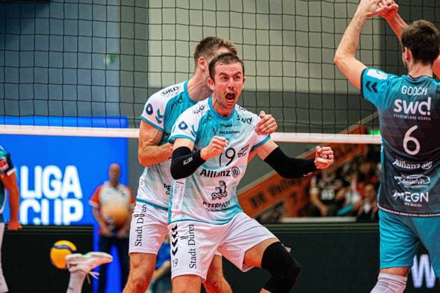 Volleyball I Herren I Saison 2025 2026 I Volleyball Bundesliga Ligacup I SWD powervolleys Düren - Energiequelle Netzhoppers KW I 12.10.2025 Ryan Poole (19, SWD Powervolleys Düren) jubelt Copyright: xLobeca Bjorn-OlexKehmx