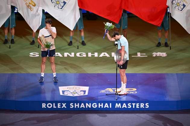 (251012) -- SHANGHAI, Oct. 12, 2025 -- Arthur Rinderknech (R) of France and Valentin Vacherot of Monaco react during the awarding ceremony after the men s singles final at the ATP, Tennis Herren World Tour Shanghai Masters tennis tournament in Shanghai, east China, Oct. 12, 2025. ) (SP)CHINA-SHANGHAI-TENNIS-ATP TOUR-SHANGHAI MASTERS-MEN S SINGLES (CN) ChenxHaoming 