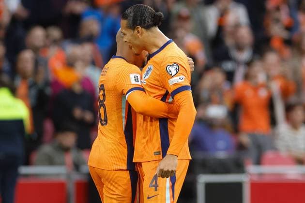 Donyell Malen of the Netherlands, Virgil van Dijk of the Netherlands celebrating the 1-0 Netherlands v Finland, FIFA World Cup, WM, Weltmeisterschaft, Fussball 2026 Qualifier, Netherlands v Finland, Johan Cruijff Arena, October 12, 2025, Amsterdam, Netherlands.
