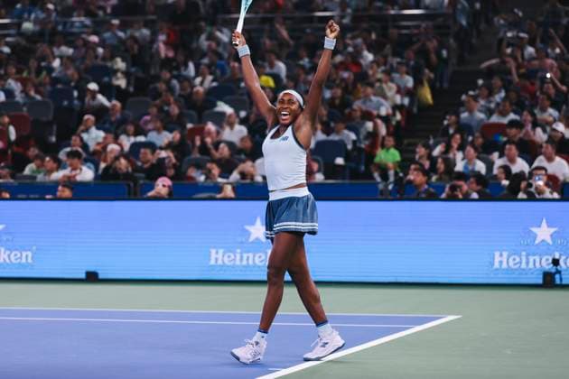 WUHAN, CHINA - OCTOBER 12: Coco Gauff of the United States celebrates after winning the Women s Singles Final match against Jessica Pegula of the United States on day 9 of 2025 Wuhan Open at Optics Valley International Tennis Center on October 12, 2025 in Wuhan, Hubei Province of China.  Copyright: xVCGx 111596759657