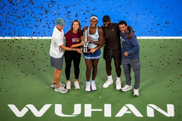 WUHAN, CHINA - OCTOBER 12: Champion Coco Gauff of the United States poses with the trophy at the award ceremony after winning the Women s Singles Final match against Jessica Pegula of the United States on day 9 of 2025 Wuhan Open at Optics Valley International Tennis Center on October 12, 2025 in Wuhan, Hubei Province of China.  Copyright: xVCGx 111596765233