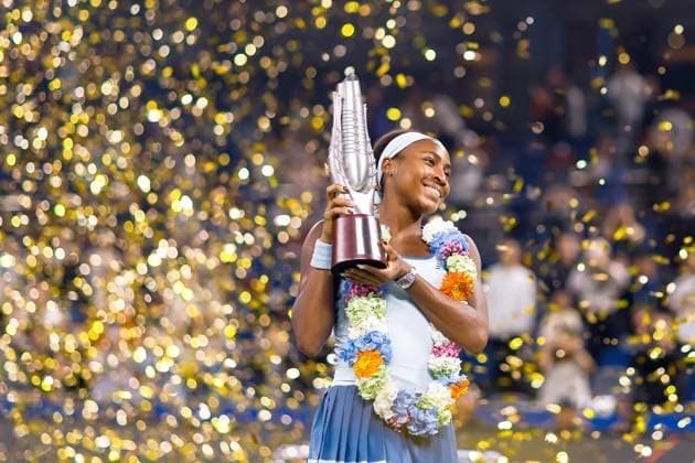 WUHAN, CHINA - OCTOBER 12: Champion Coco Gauff of the United States celebrates with the trophy at the award ceremony after winning the Women s Singles Final match against Jessica Pegula of the United States on day 9 of 2025 Wuhan Open at Optics Valley International Tennis Center on October 12, 2025 in Wuhan, Hubei Province of China.  Copyright: xVCGx 111596765054
