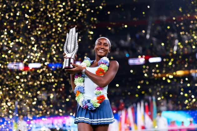WUHAN, CHINA - OCTOBER 12: Champion Coco Gauff of the United States celebrates with the trophy at the award ceremony after winning the Women s Singles Final match against Jessica Pegula of the United States on day 9 of 2025 Wuhan Open at Optics Valley International Tennis Center on October 12, 2025 in Wuhan, Hubei Province of China.  Copyright: xVCGx 111596765118