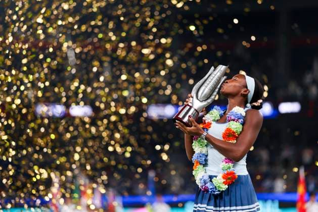 WUHAN, CHINA - OCTOBER 12: Champion Coco Gauff of the United States celebrates with the trophy at the award ceremony after winning the Women s Singles Final match against Jessica Pegula of the United States on day 9 of 2025 Wuhan Open at Optics Valley International Tennis Center on October 12, 2025 in Wuhan, Hubei Province of China.  Copyright: xVCGx 111596765130