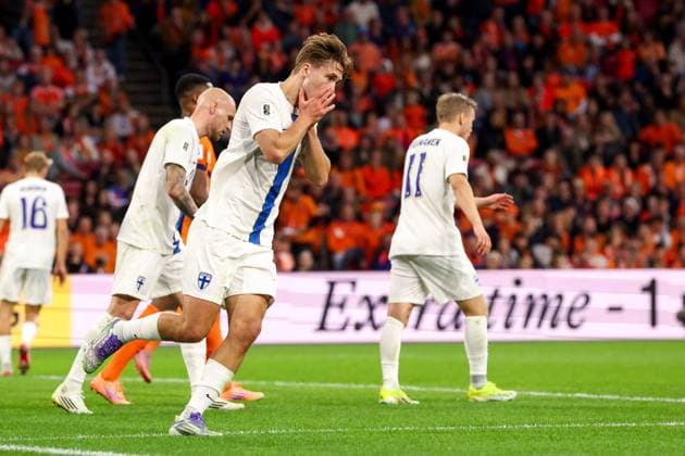 2025-10-12 Netherlands v Finland - FIFA World Cup, WM, Weltmeisterschaft, Fussball 2026 Qualifier AMSTERDAM, NETHERLANDS - OCTOBER 12: Miro Tenho of Finland looks dejected after missed chance during the FIFA World Cup 2026 Qualifier match between Netherlands and Finland at Johan Cruijff ArenA on October 12, 2025 in Amsterdam, Netherlands. Amsterdam Johan Cruijff ArenA Netherlands Content not available for redistribution in The Netherlands directly or indirectly through any third parties. Copyright: xBenxGalx