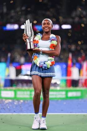 WUHAN, CHINA - OCTOBER 12: Champion Coco Gauff of the United States celebrates with the trophy at the award ceremony after winning the Women s Singles Final match against Jessica Pegula of the United States on day 9 of 2025 Wuhan Open at Optics Valley International Tennis Center on October 12, 2025 in Wuhan, Hubei Province of China.  Copyright: xVCGx 111596765144