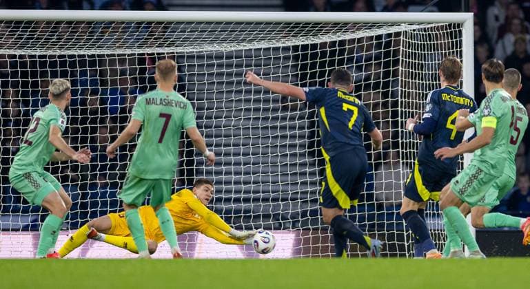 12th October 2025; Hampden Park, Glasgow, Scotland; World Cup Qualifiers International Football, Scotland versus Belarus; Lapoukhov of Belarus saves a shot from John McGinn of Scotland  VagelisxGeorgariou