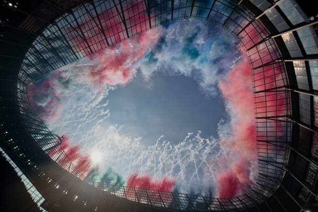 12th October 2025; Tottenham Hotspur Stadium, London, England; NFL, American Football Herren, USA UK Football, Denver Broncos versus New York Jets; Fireworks before the game through the stadium roof  IanxStephen