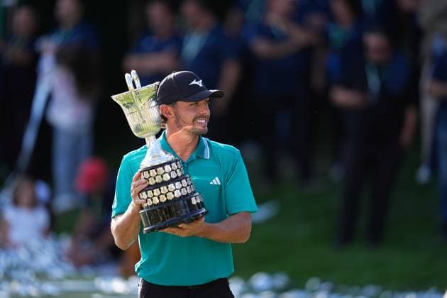 October 12, 2025, Madrid, Madrid, Spain: Marco Penge of England celebrates with the Champion Trophy during the Trophy Ceremony after the Open de EspaoÂ±a presented by Madrid, R4 Final, golf tournament of DP World Tour at Club de Campo Villa de Madrid on October 12, 2025, in Madrid, Spain. Madrid Spain - ZUMAa181 20251012_zaa_a181_331 Copyright: xDennisxAgyemanx